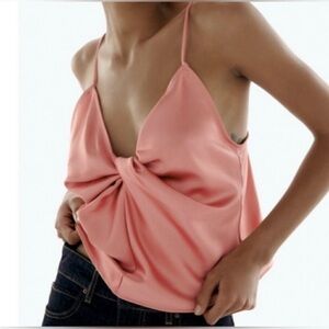 Zara Satin Effect Knotted Silky Flowy V-Neck Plunge Sexy Tank Top SZ XS
